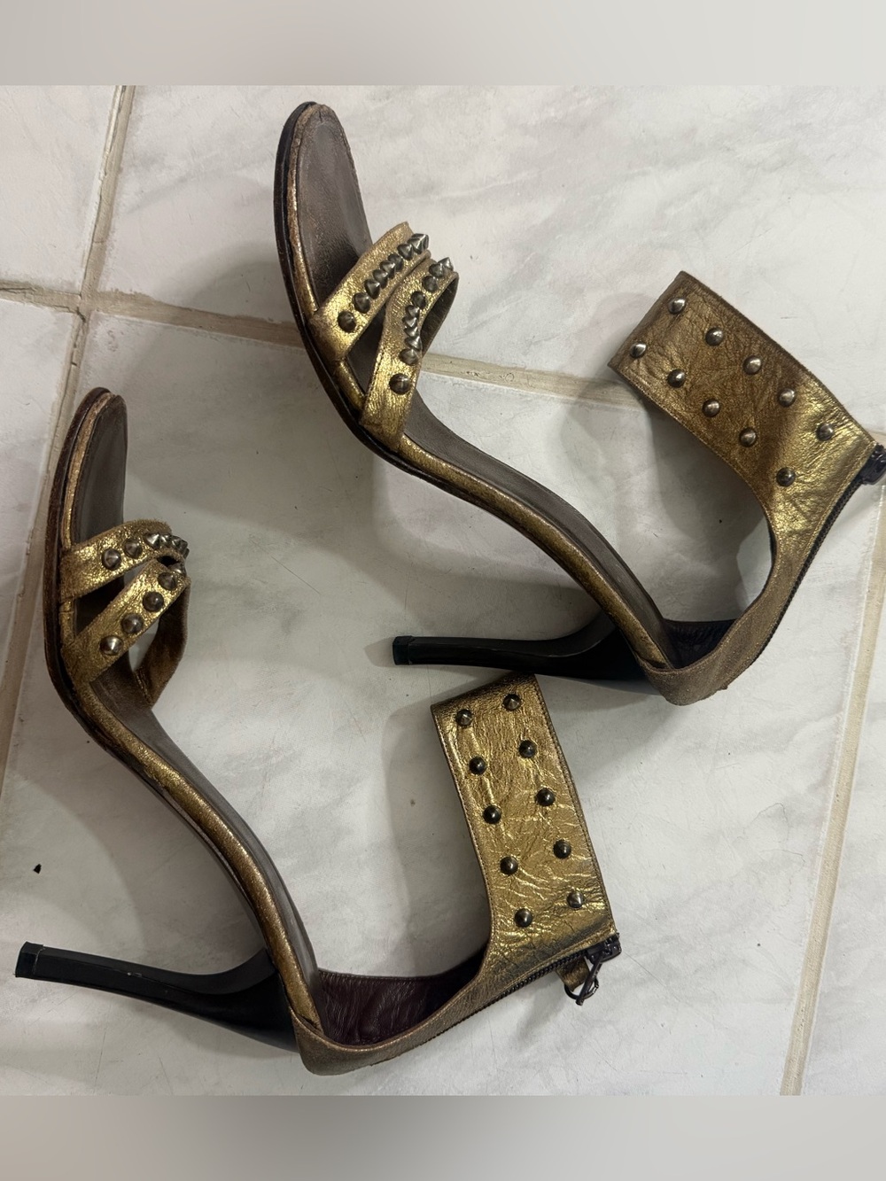 Vintage 2000s Studded Metallic Gold Ankle-Strap Women's Heel